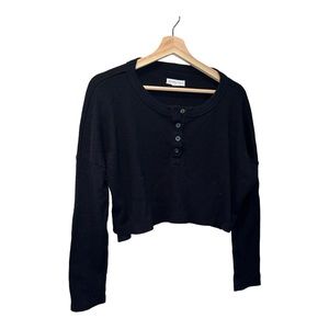 waffle knit top xs black cotton poly blend